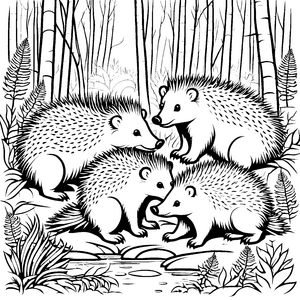 Verspielte Stachelschweine am glitzernden Teich Ausmalvorlage für neugierige Naturentdecker