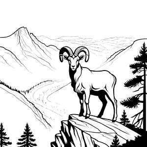 Majestätischer Widder auf malerischem Höhenzug Ausmalvorlage für kleine Naturforscher