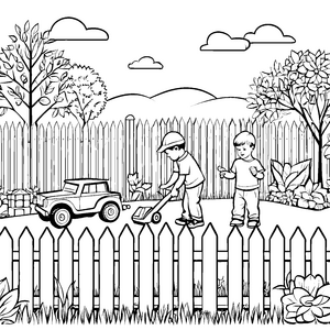 Fantasievoller Gartenzaun mit spielenden Kindern Malvorlage für kreative Entdecker