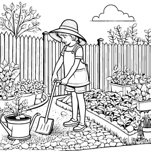 Kleine Gärtnerin mit Schaufel im bunten Garten Ausmalbild für fleißige Naturfreunde