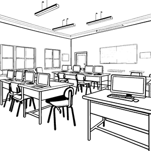 Futuristische Monitore im modernen Klassenzimmer Ausmalbild für wissbegierige Technikfans