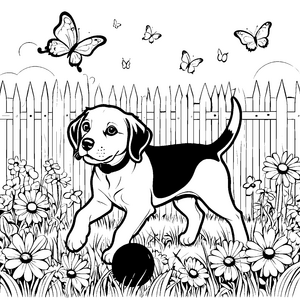 Beagle in blühendem Garten mit Schmetterlingen Ausmalvorlage für junge Tierfreundinnen und Tierfreunde