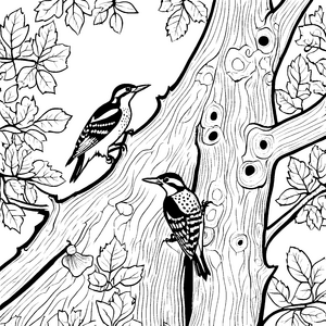 Zwei muntere Spechte auf abenteuerlichem Baum Ausmalbild für kleine Naturentdecker