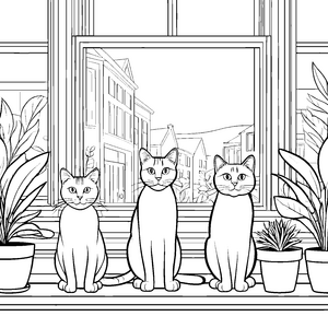 Drei neugierige Katzen auf dem Fensterbrett Ausmalbild für kreative Stubentiger