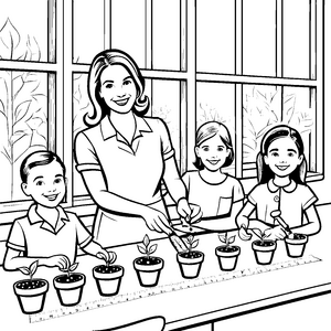Fröhliche Pflanzenpfleger mit lehrreicher Anleitung Ausmalvorlage für kleine Gartenfreunde