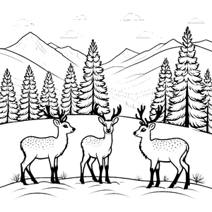 Verspielt ratsuchende Rentierbabys in der Winterlandschaft Ausmalmotiv für kleine Naturentdecker