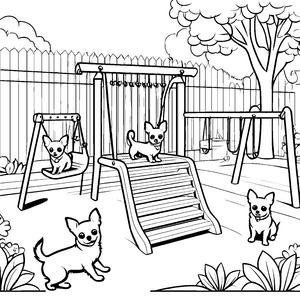 Spaßige Chihuahuas auf dem Spielplatz Ausmalvorlage für pfiffige Tierfreunde