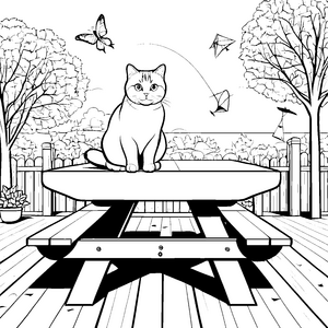 Gemütliche Britisch Kurzhaar Katze auf der Gartenbank Ausmalvorlage für neugierige Entdecker