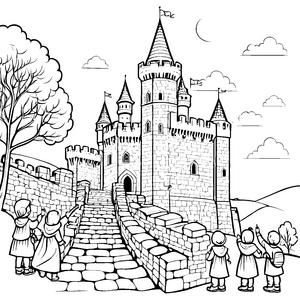 Majestätisches Schloss mit fröhlichen Entdeckern Ausmalbild für kleine Ritterfans