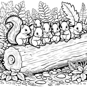 Sechs putzige Eichhörnchen Babys beim Naschen Malvorlage für kleine Naturfreunde