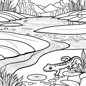 Faszinierender Salamander am glitzernden Wasser Ausmalvorlage für neugierige Naturentdecker
