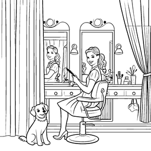 Elegante Friseurin mit fröhlichem Hund Malvorlage für stylische Trendsetter