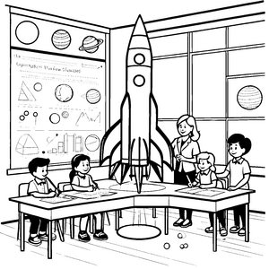 Faszinierendes Klassenzimmer mit Raumfahrtmodell Ausmalbild für wissbegierige Entdecker