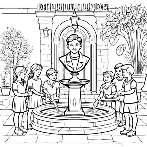Büstenbrunnen mit fröhlichen Kindern Malvorlage für kleine Entdecker