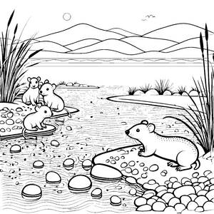 Niedliche Nacktmull Babys am spritzigen Flussufer Ausmalbild für kleine Abenteurer