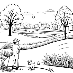 Junger Golfer mit treuem Hund Malvorlage für abenteuerlustige Sportfreunde
