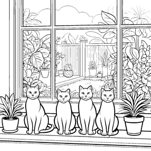 Kreative Katzen schauen neugierig aus dem Fenster Ausmalbild für kleine Beobachter