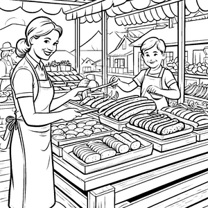 Lebendige Fleischereifachverkäufer mit frischen Wurstwaren Ausmalbild für kleine Gourmetfreunde