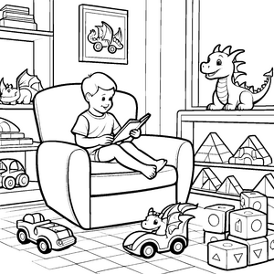 Gemütlicher Relaxsessel mit neugierigem Drachen Bastelmotiv für kleine Leseratten
