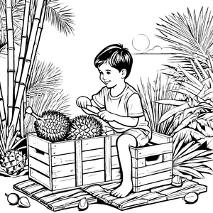 Fröhlicher Junge beim Entdecken von köstlichen Durians Ausmalbild für neugierige Entdecker