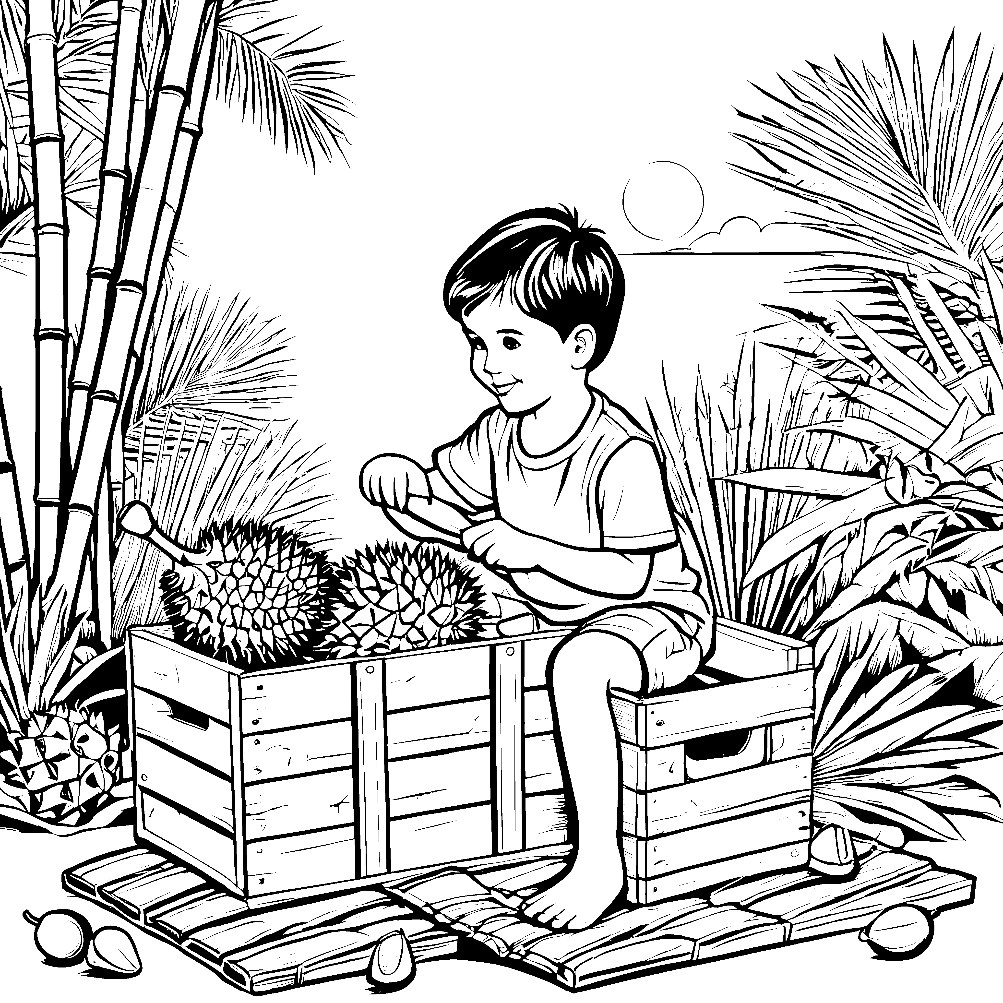 Fröhlicher Junge beim Entdecken von köstlichen Durians Ausmalbild für neugierige Entdecker