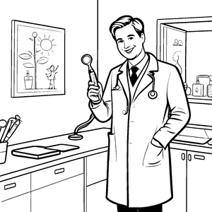 Freundlicher Arzt mit spannendem Instrument Ausmalmotiv für kleine Gesundheitsabenteurer