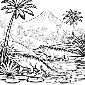 Abenteuerliche Krokodile am geheimnisvollen Wasserfall Ausmalvorlage für kleine Naturentdecker