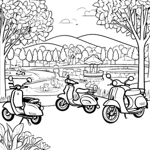 Bezaubernde Mopeds vor idyllischem Teich Ausmalmotiv für kreative Entdecker