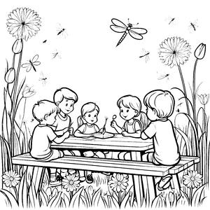 Sonnige Kinder beim Zeichnen mit bunten Insekten Ausmalbild für kreative Naturfreunde