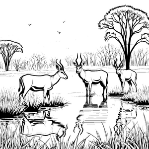 Harmonische Antilopen am ruhigen Wasser Malvorlage für abenteuerlustige Naturfreunde