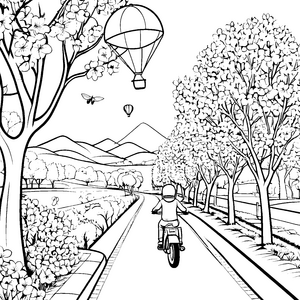 Spannendes Moped-Abenteuer durch blühende Landschaft Malvorlage für neugierige Entdecker