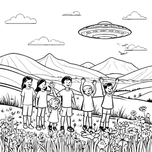 Intergalaktisches UFO über fröhlichen Kindern Ausmalbild für abenteuerlustige Sternenforscher