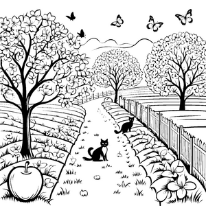 Neugierige Bauernhofkatzen erkunden blühende Obstwiese Ausmalvorlage für kleine Naturfreundinnen
