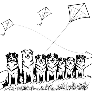 Fröhliche Australian Shepherds mit bunten Drachen Ausmalvorlage für neugierige Abenteurer