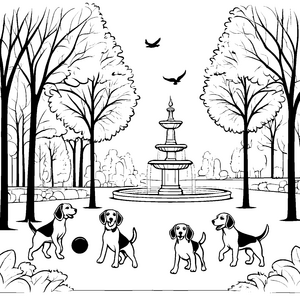 Beagle-Bande spielt fröhlich im Park Ausmalbild für abenteuerliche Hundeliebhaber
