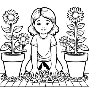 Fröhliches Mädchen beim Gärtnern mit Sonnenblumen Ausmalbild für kleine Naturfreunde