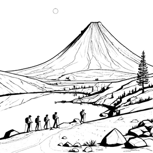 Faszinierender Vulkan mit wandernden Abenteurern Ausmalmotiv für kleine Naturerkunder