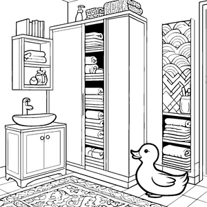 Badezimmerschrank mit lustiger Ente und bunten Handtüchern Ausmalbild für fröhliche Künstler