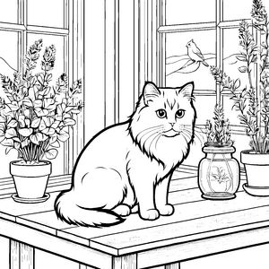 Bezaubernde Perserkatze auf gemütlichem Tisch Ausmalbild für kreative Katzenliebhaber