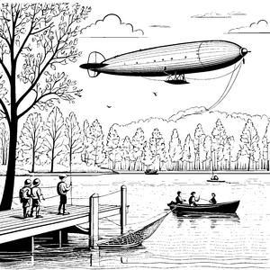 Abenteuerlicher Zeppelin über dem malerischen See Ausmalvorlage für neugierige Entdecker