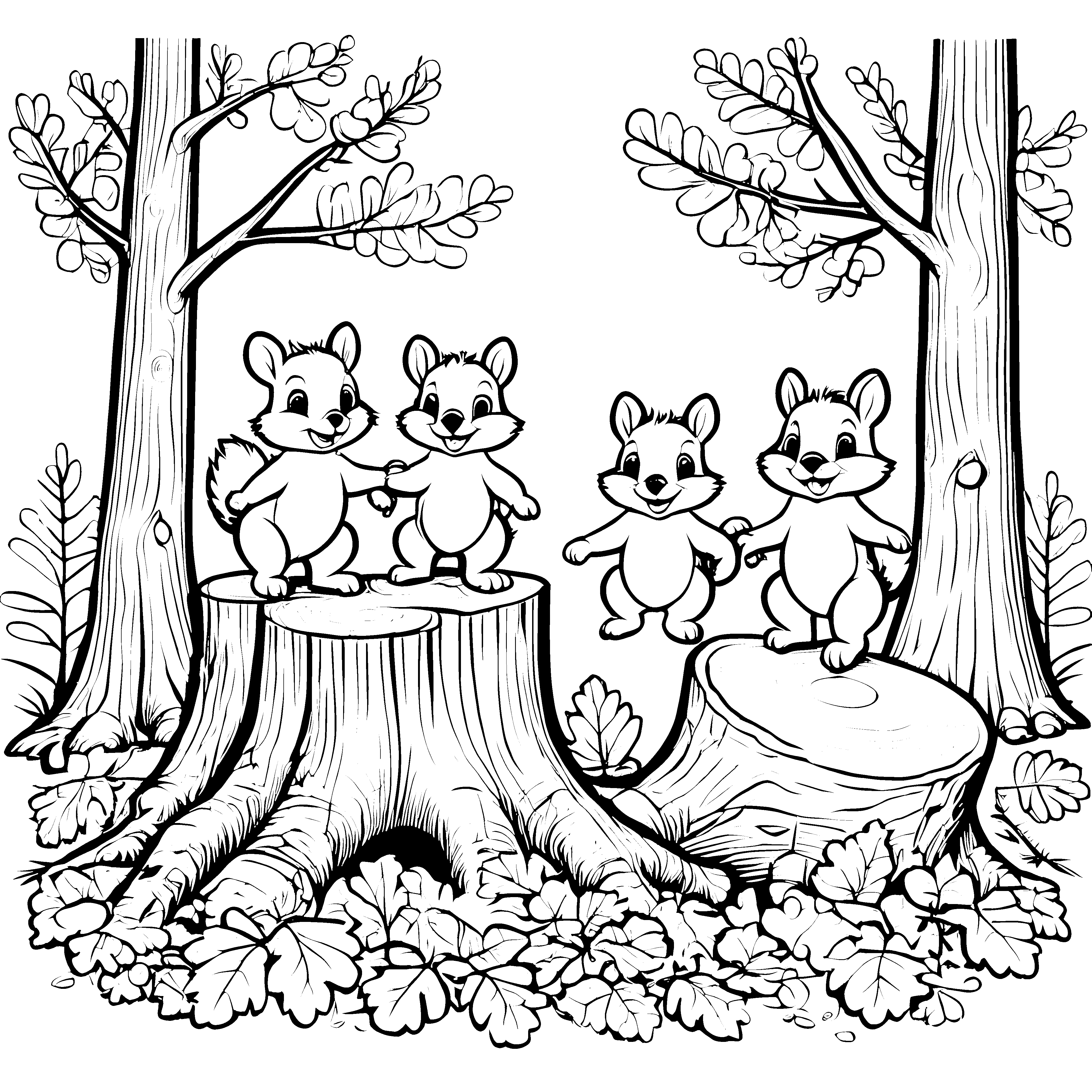 Putzhübsche Eichhörnchen Babys beim Spielen im Wald Ausmalbild für kleine Naturabenteurer