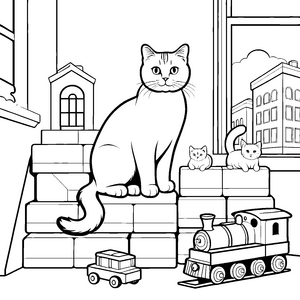 Majestätische Britisch Kurzhaar Katze auf dem Spielzeugturm Ausmalbild für neugierige Tierentdecker