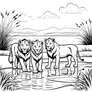 Stolze Löwenfamilie am glitzernden Wasser Ausmalbild für junge Tierfans