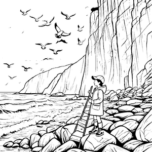 Ruhige Klippenlandschaft mit fliegenden Vögeln Ausmalbild für kleine Entdecker
