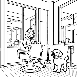 Frisurenzauber im Salon mit fröhlichem Hund Ausmalbild für kleine Haarakrobaten