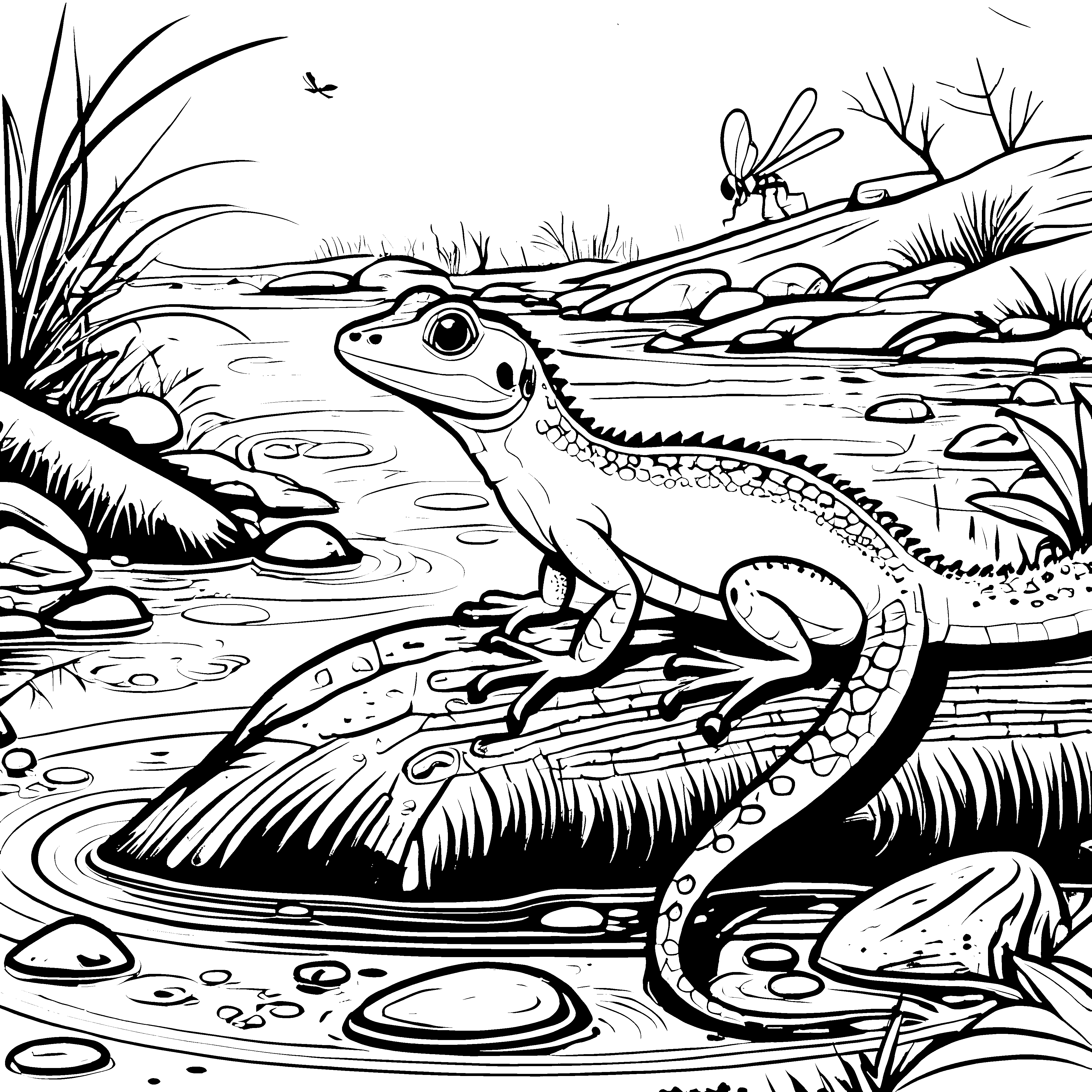 Frohe Salamander am kieselsteinhaltigen Wasser Ausmalbild für aufmerksame Naturfreunde