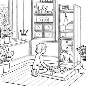 Bezaubernder Mehrzweckschrank im sonnigen Spielzimmer Ausmalbild für neugierige Entdecker