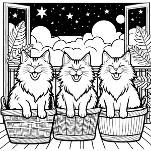 Gähnende Katzen im fröhlichen Mondschein Ausmalbild für träumerische Tierfreunde