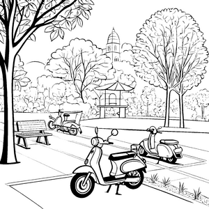 Faszinierende Mopeds in idyllischer Parklandschaft Ausmalvorlage für neugierige Fortbewegungsfreunde