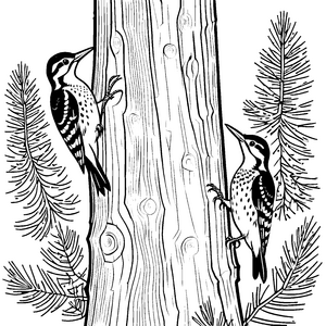 Zwei fröhliche Spechte an altehrwürdigem Baum Ausmalvorlage für neugierige Naturentdecker